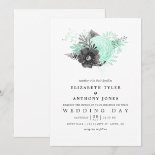 Convites Casamento com Rústica Floral de Mint e Carvão