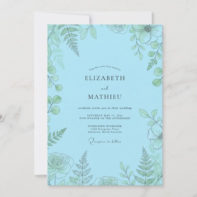 Convites Casamento com Samambaia Azul Céu (Frente)