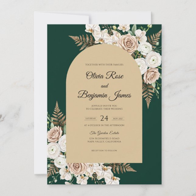 Convites Casamento com Samambaia Champagne da Floresta (Frente)
