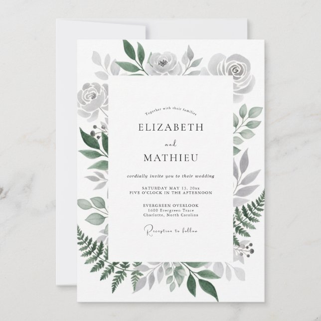 Convites Casamento com Samambaia Cinza Prata (Frente)