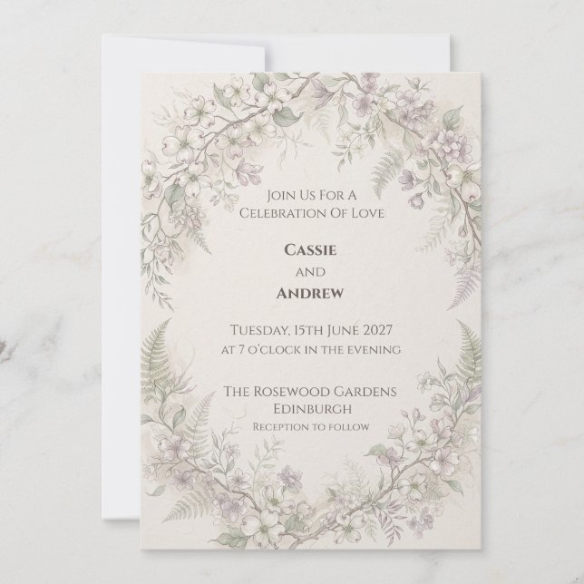 Convites Casamento com Samambaia de Flor de Lilás Suave (Frente)