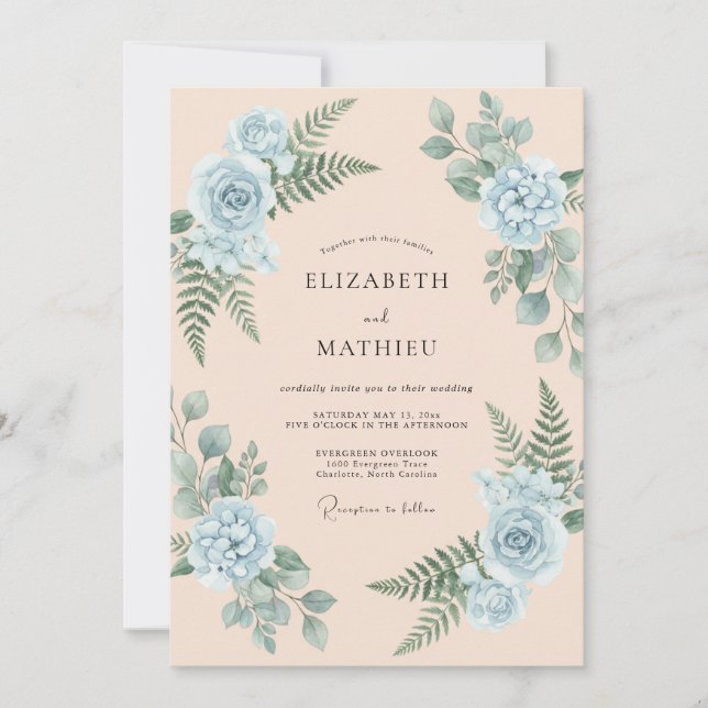 Convites Casamento com Samambaia e Periwinkle Champagne (Frente)