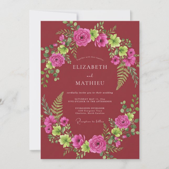 Convites Casamento com Samambaia Marrom-Fúcsia (Frente)