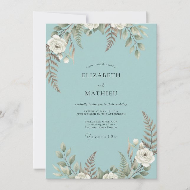 Convites Casamento com Samambaia Pintada de Aqua (Frente)