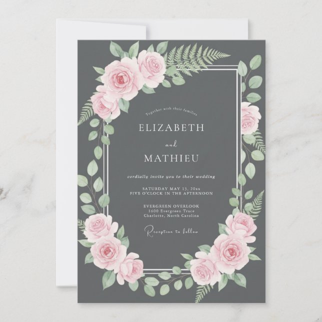 Convites Casamento com Samambaia Rosa Carvão (Frente)