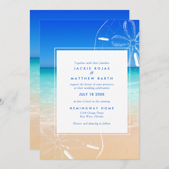 Convites Casamento com Sand Dollar Beach (Frente/Verso)