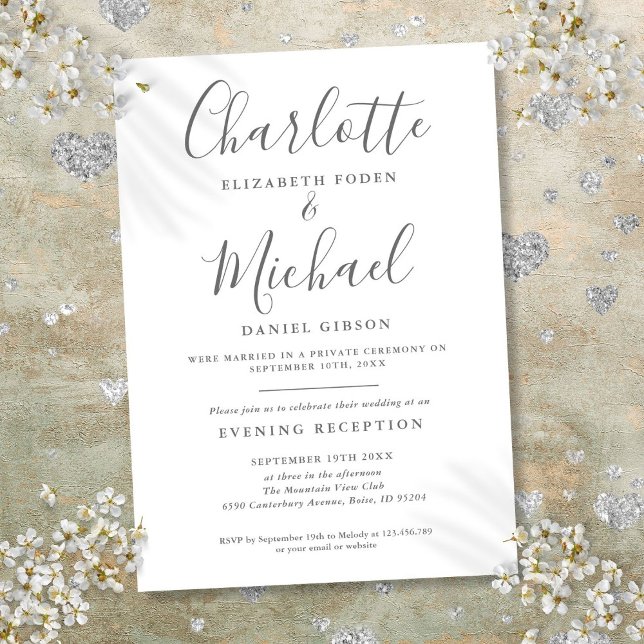 Convites Casamento com Script Cinza e Branco Somente Recepç (Reception Only Gray And White Script Wedding Invitation)