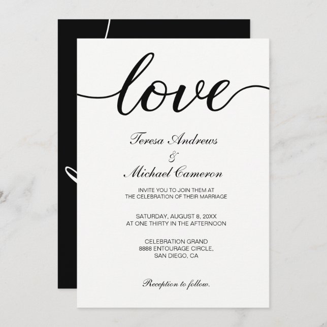 Convites Casamento com Script de Amor Branco e Preto Chic (Frente/Verso)