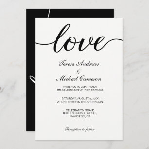 Convites Casamento com Script de Amor Branco e Preto Chic