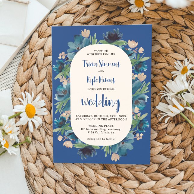 Convites Casamento com script de arco floral azul do Modern (Modern Boho blue floral arch script wedding Invitation)