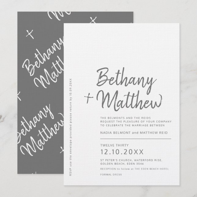 Convites Casamento com script de caligrafia branco de cinza (Frente/Verso)