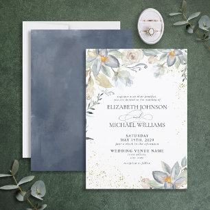 Convites Casamento com Script Floral de Dourado Mola Azul D