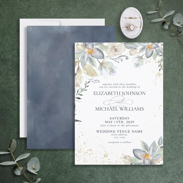 Convites Casamento com Script Floral de Dourado Mola Azul D (Criador carregado)