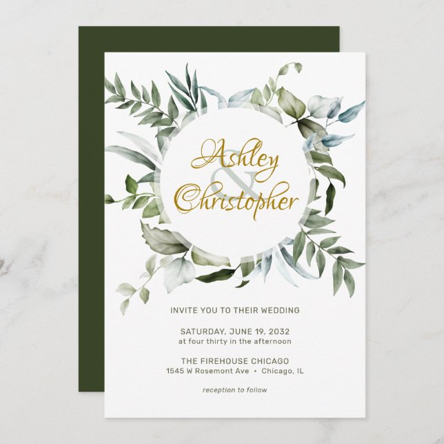 Convites Casamento com Script Verde Moderno Elegante (Frente/Verso)