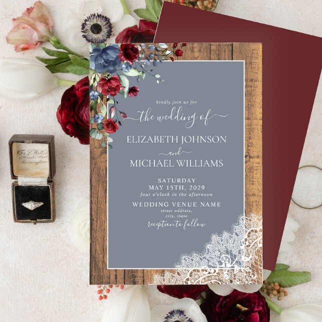 Convites Casamento com Scripts de Madeira Dusty Blue Burgun (Criador carregado)