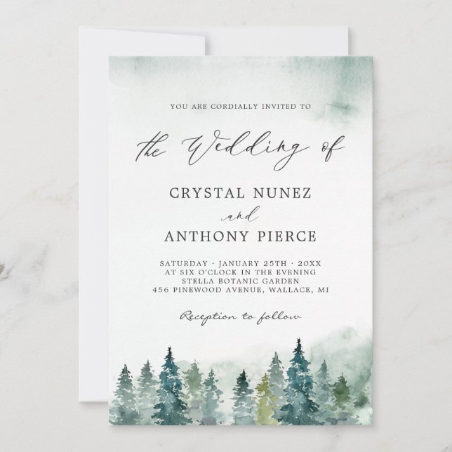 Convites Casamento com Serene Winter Forest Pine Trees (Frente)