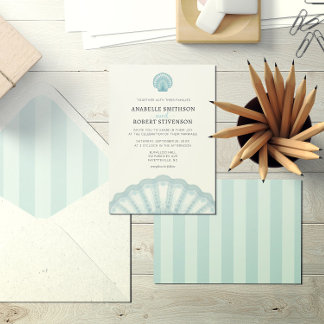 Convites Casamento com Shell Azul de Praia Moderna Elegante