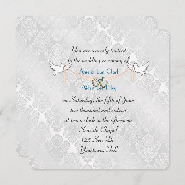 Convites Casamento com Shimmer White Damask (Frente/Verso)