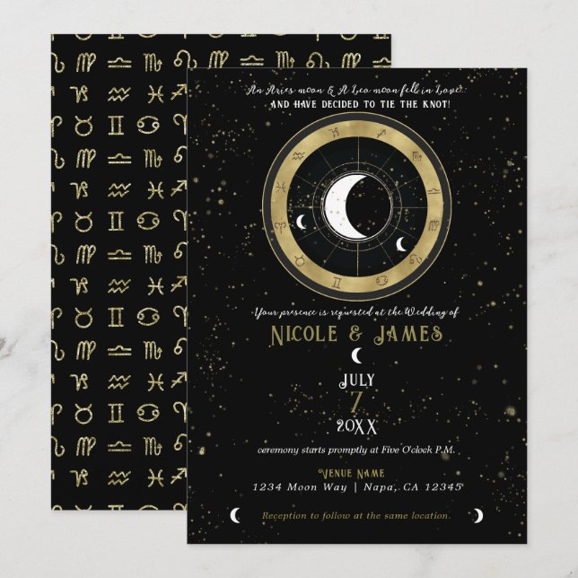 Convites Casamento com signo lunar de astrologia personaliz (Frente/Verso)