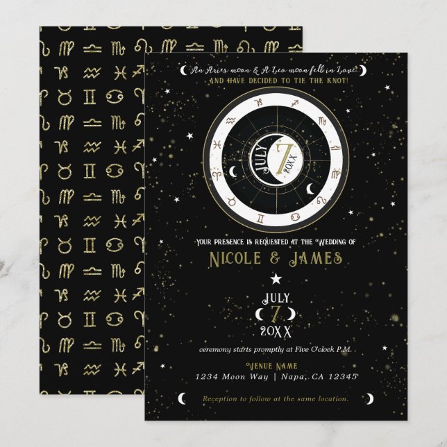 Convites Casamento com signo lunar de astrologia personaliz (Frente/Verso)