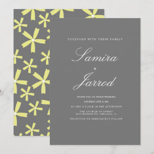 Convites Casamento com Simples Padrão Floral Amarelo e Cinz