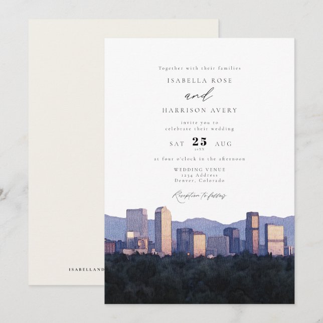 Convites Casamento com Skyline da Cidade de Denver Colorado (Frente/Verso)