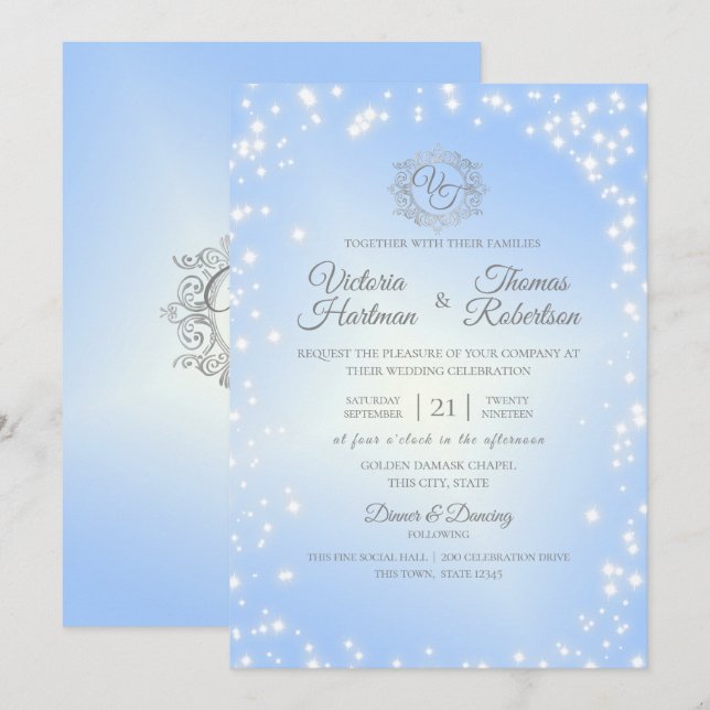 Convites Casamento com Sparkle Azul Sky (Frente/Verso)
