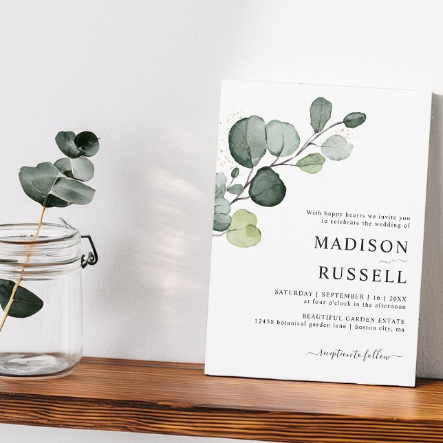 Convites Casamento com Spray de Ouro e Verde de Eucalipto (Eucalyptus Gold Splatter Greenery Wedding Invitation)