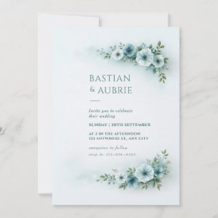 Convites Casamento com Spray Floral Azul Pó