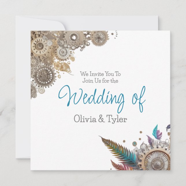 Convites Casamento com Steampunk, Flores e Penas (Frente)