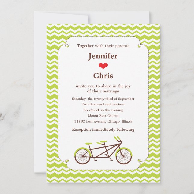 Convites Casamento com Tandem Bike (Green Chevron) (Frente)