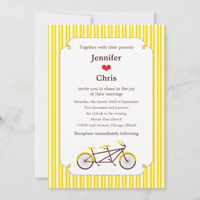 Convites Casamento com Tandem Bike (Stripes Amarelas) (Frente)