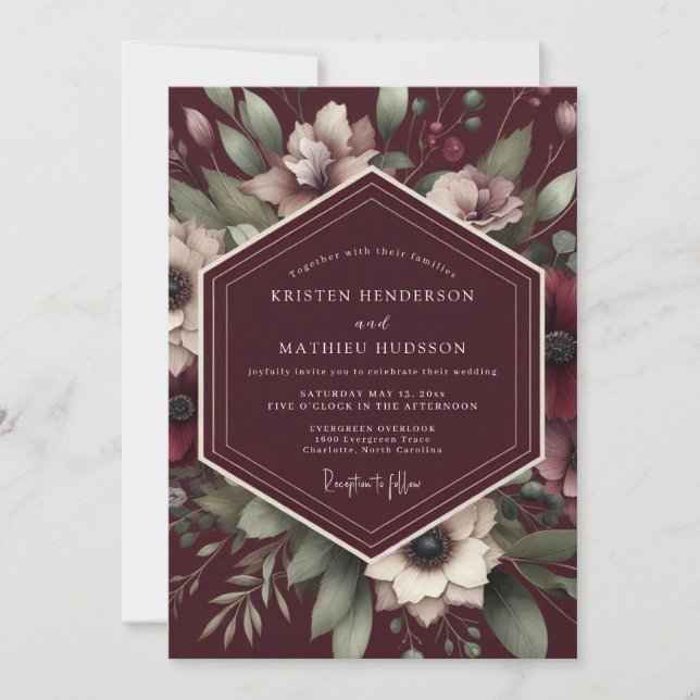 Convites Casamento com Tapeçaria Floral Borgonha (Frente)
