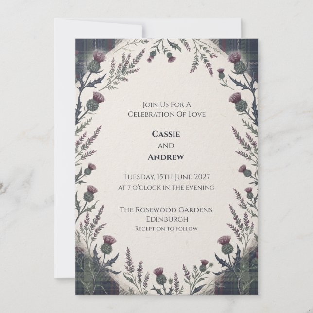 Convites Casamento com Tartã Roxa e Cardo Verde (Frente)