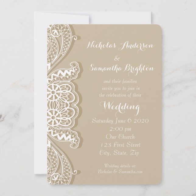 Convites Casamento com Taupe de rendas brancas clássicas do (Verso)