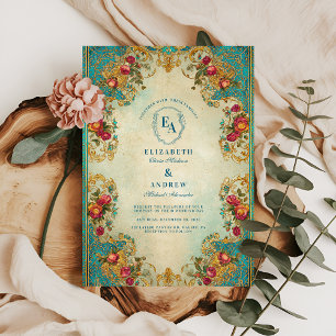 Convites Casamento com Teal e Jardim Dourado do ornamentado