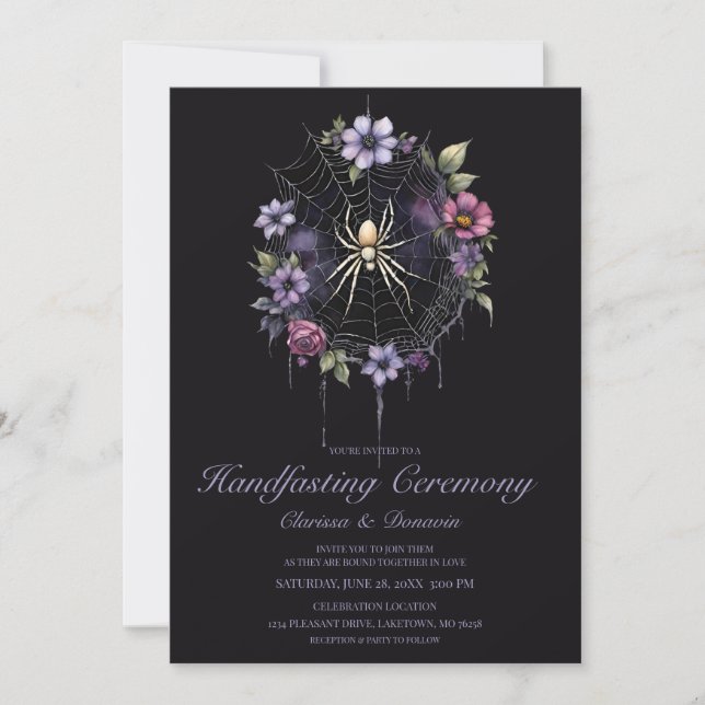 Convites Casamento com Teia Floral de Aranha Roxa Gótica (Frente)