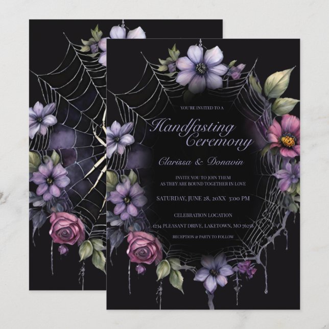 Convites Casamento com Teia Floral de Aranha Roxa Gótica (Frente/Verso)