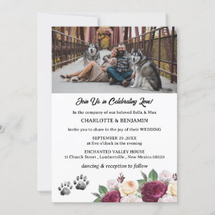 Convites Casamento com Tema de Cachorro Floral Bordô com Fo
