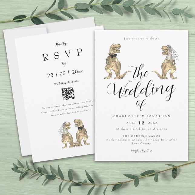 Convites Casamento com Tema de Dinossauro (Dinosaur theme wedding invitation funny T-Rex dino bride and groom modern elegant script )