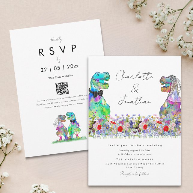 Convites Casamento com tema de dinossauro e flores silvestr (Colorful wildflower boho dinosaur wedding invitation with qr code)
