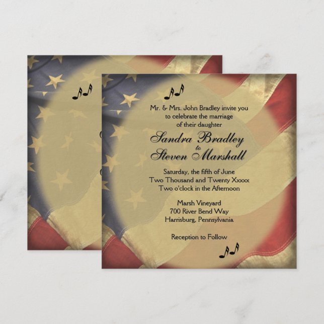 Convites Casamento com tema de música na bandeira americana (Frente/Verso)