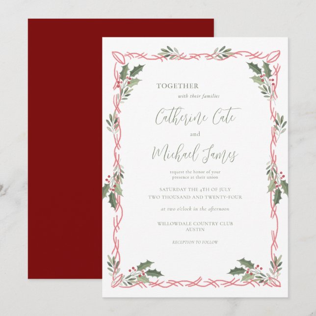 Convites Casamento com Tema de Natal de Frutas de Azevinho (Frente/Verso)