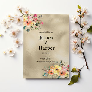 Convites Casamento com tema floral laranja rosa dourado de