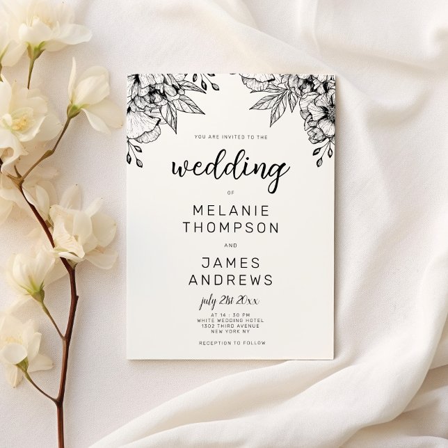 Convites Casamento com tema floral preto e branco simples (Simple black and white floral theme wedding)