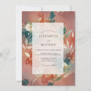 Convites Casamento com Terracota Suave e Folhas em Azul Tur