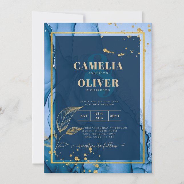 Convites Casamento com tinta a álcool Dourada azul do Marin (Frente)