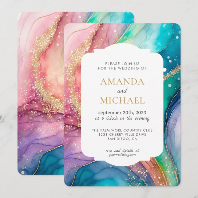 Convites Casamento com tinta alcoólica arco-íris pastel de  (Frente/Verso)