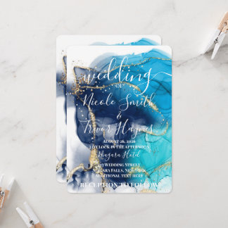 Convites Casamento com Tinta Alcoólica Azul Dourado Persona