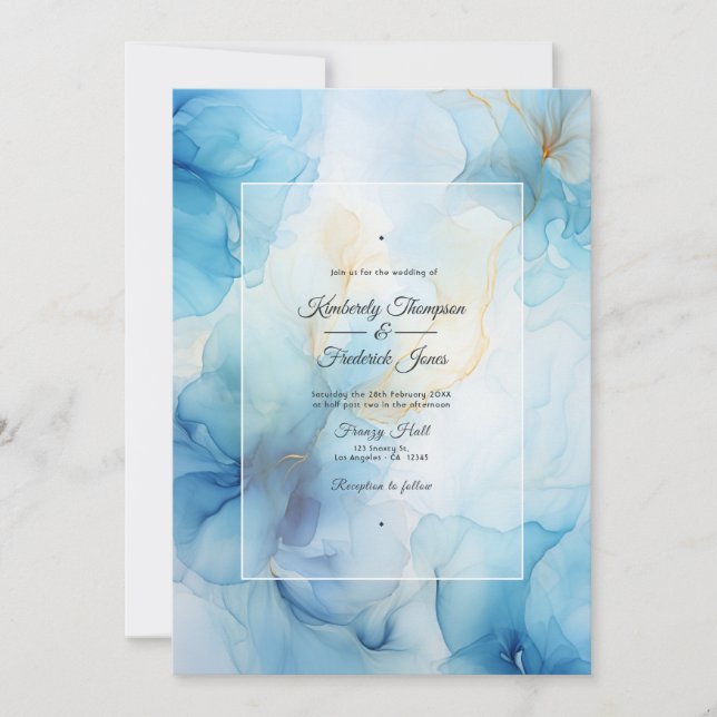 Convites Casamento com Tinta Alcoólica Azul Empoeirada (Frente)